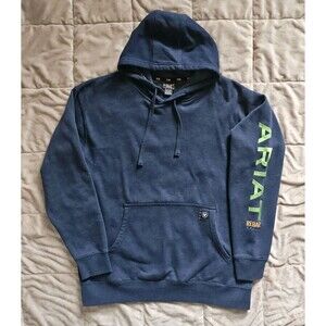 Ariat Rebar Graphic Hoodie Sweatshirt Mens L Blue Lime Workwear Spellout Logo